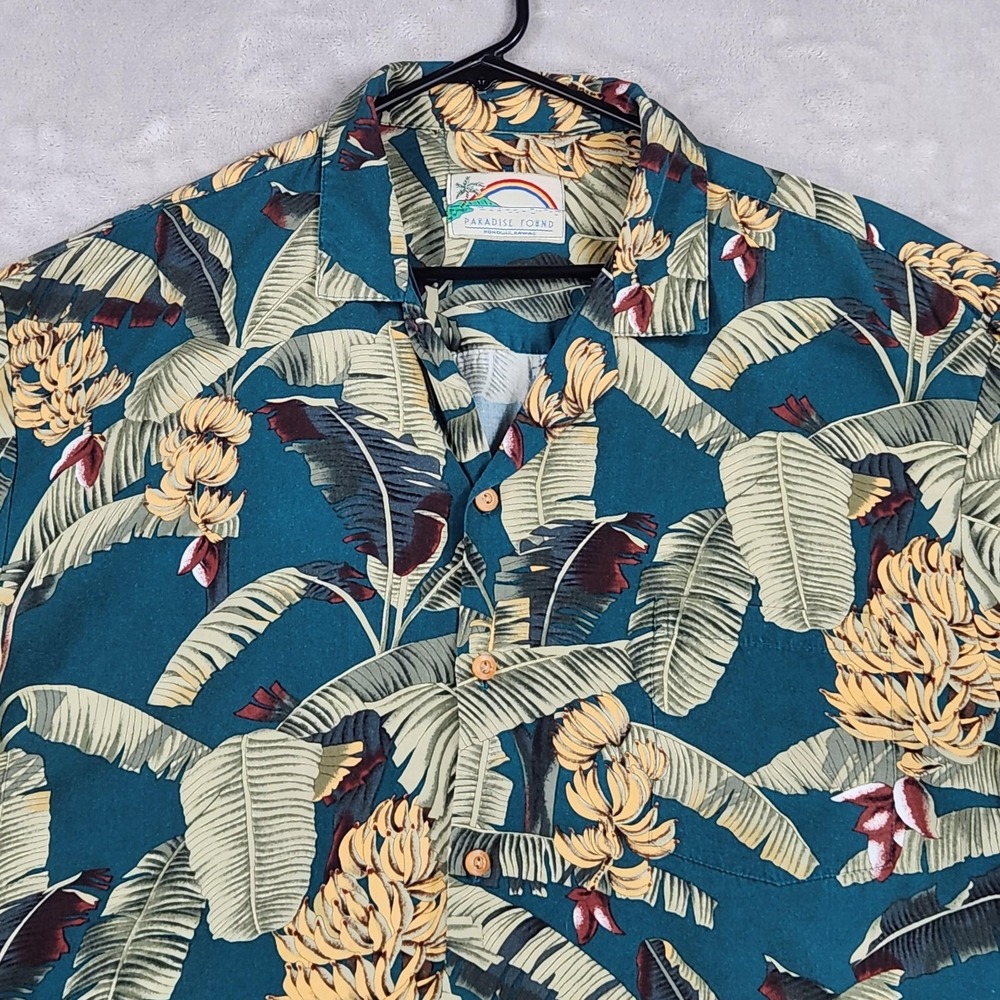 Paradise Found Shirt Mens XL Teal Banana Leaf Hawaiian Short Sleeve Rayon Aloha